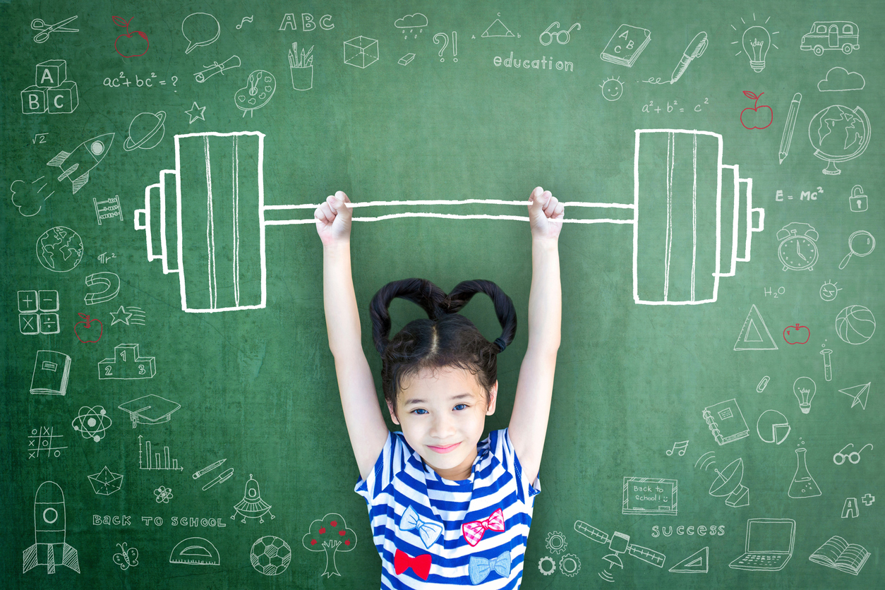 Strong kid with weight lifting doodle on chalkboard for equal opportunity awareness on gender and children rights concept